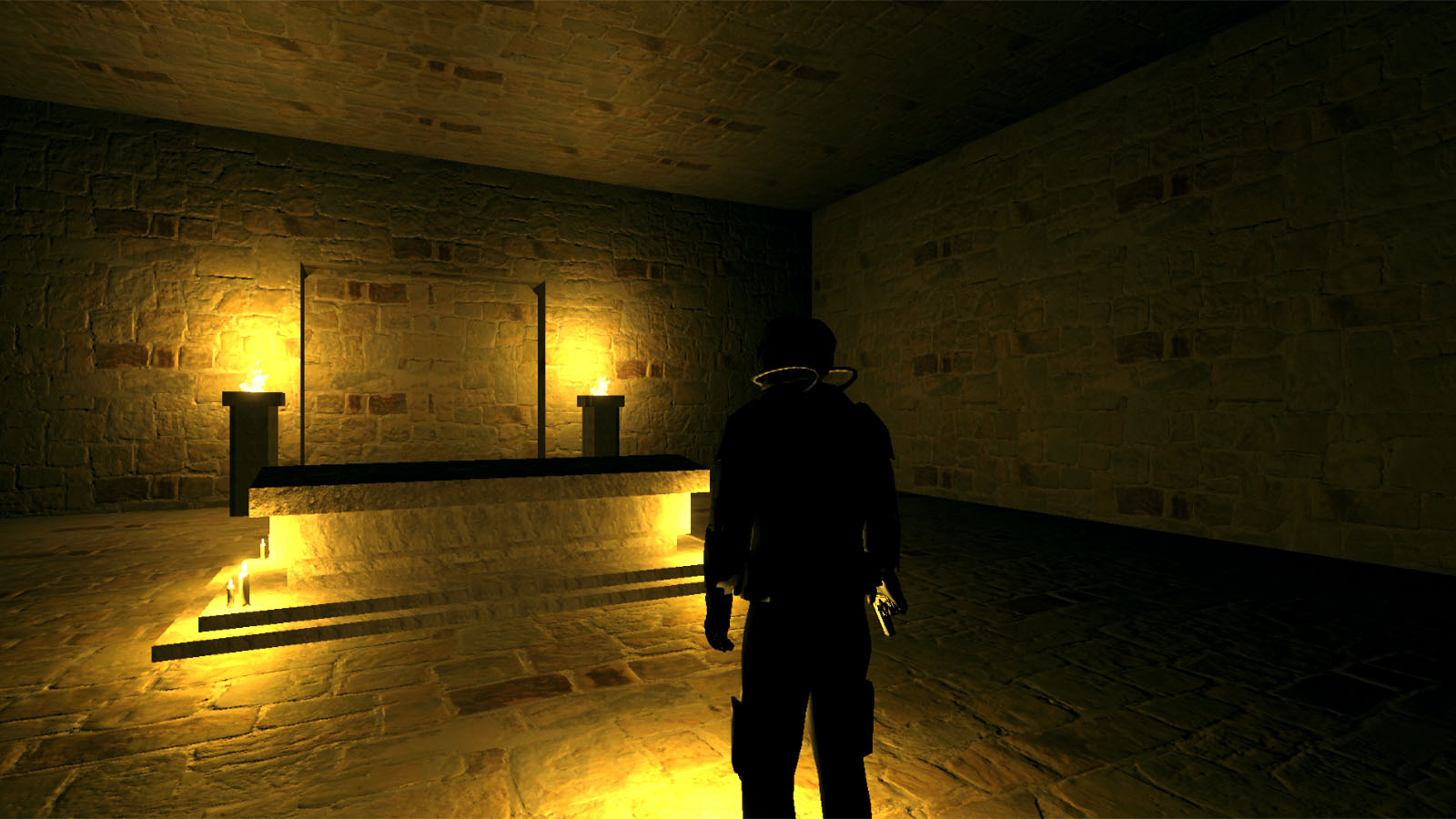 Dungeon video game scene with a tomb and bright candles
