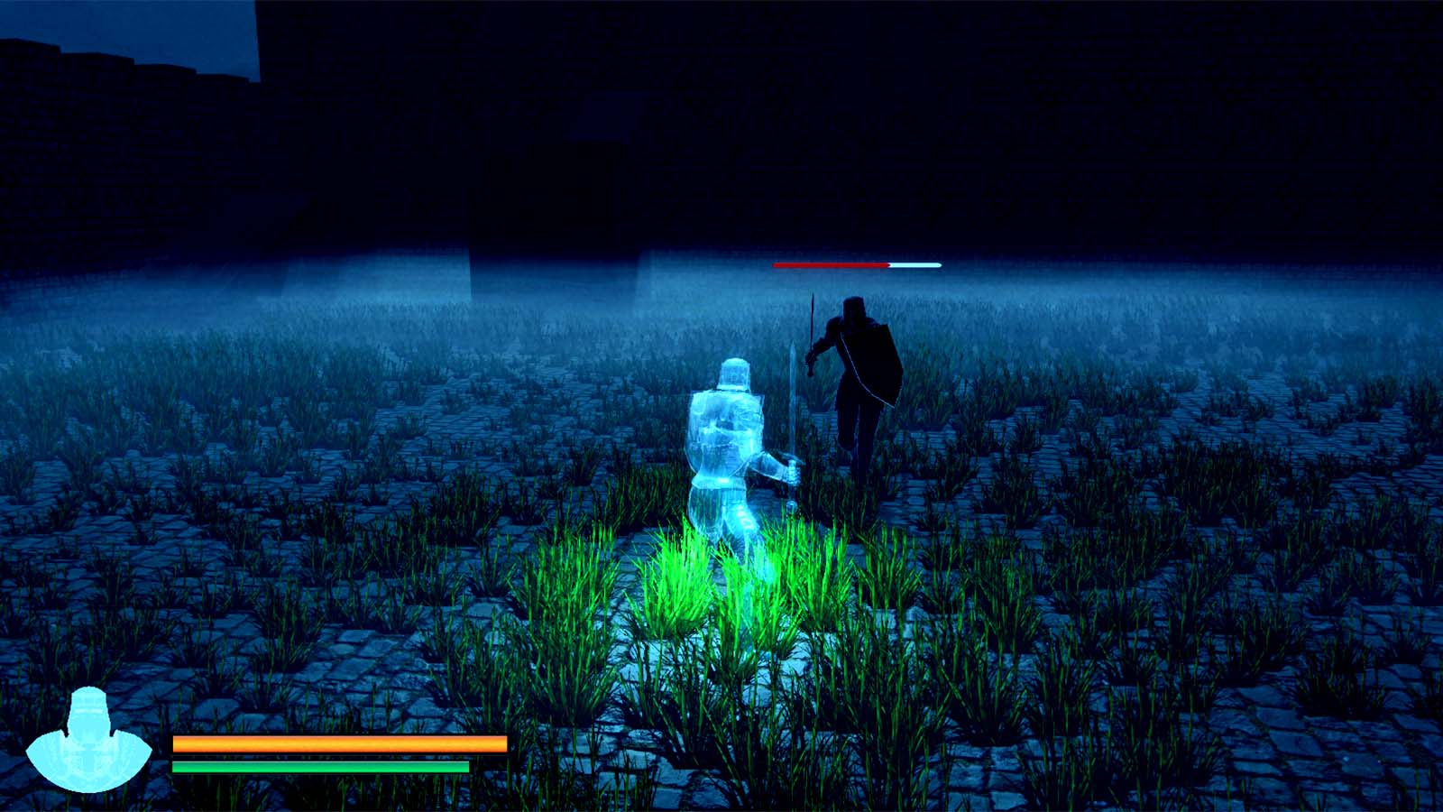 Video game scene with 2 knights fighting in a foggy environment.