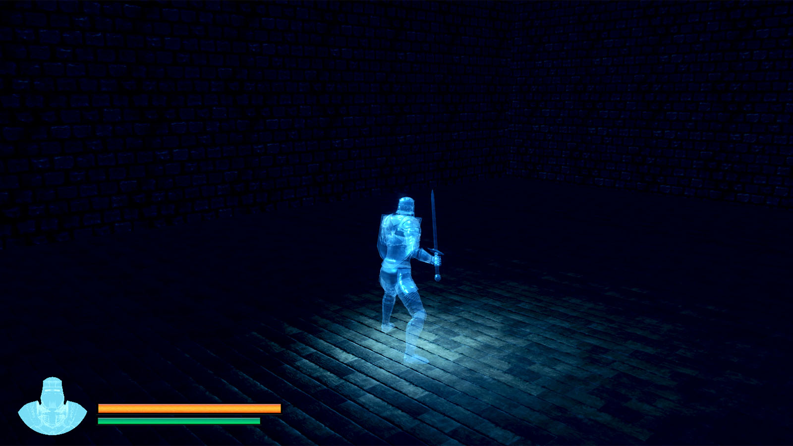 Video game scene with a knight in a large dark room.