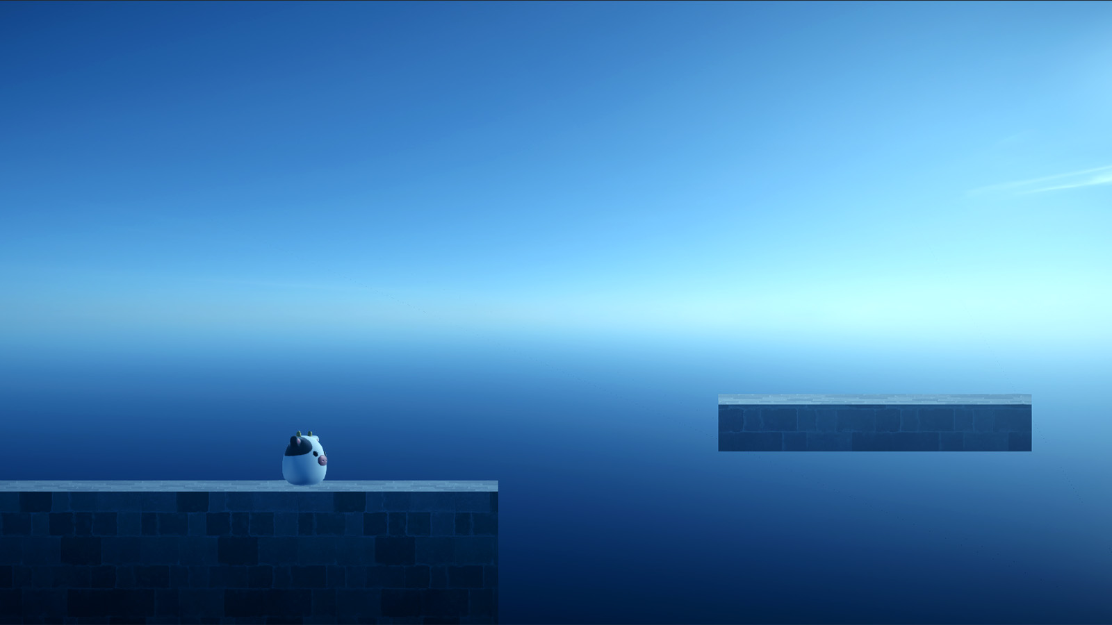 Video game scene with a cow plushie on a brick wall with a blue background.