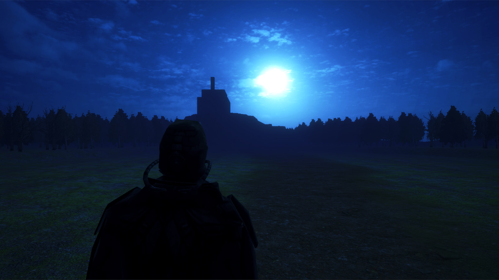Night-time video game scene with bright moon.