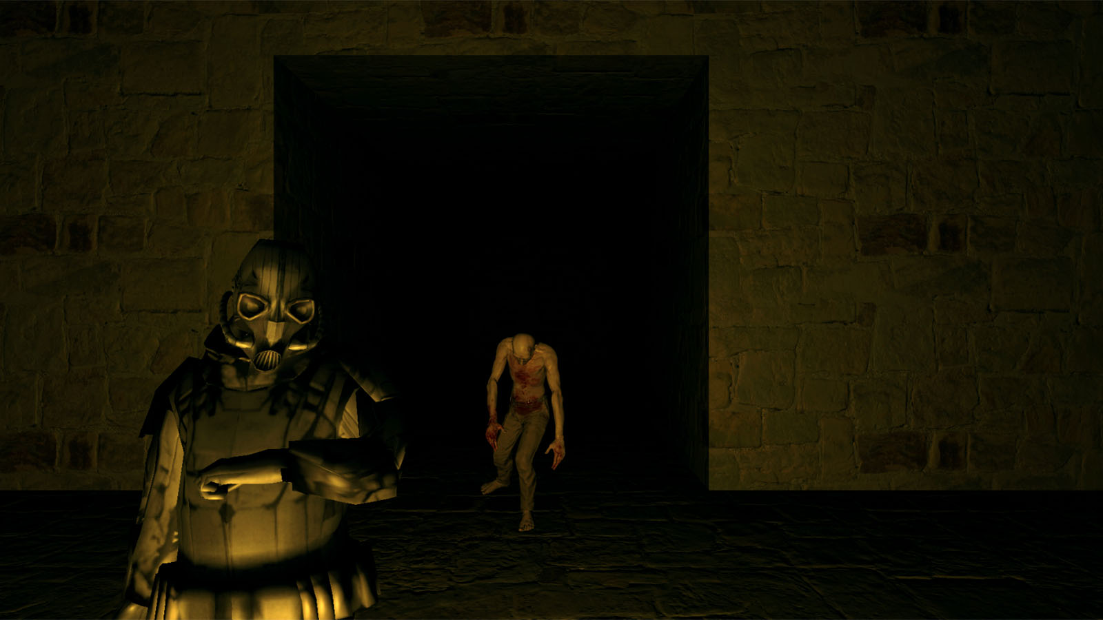 Dungeon video game scene a scary zombie behind the player.